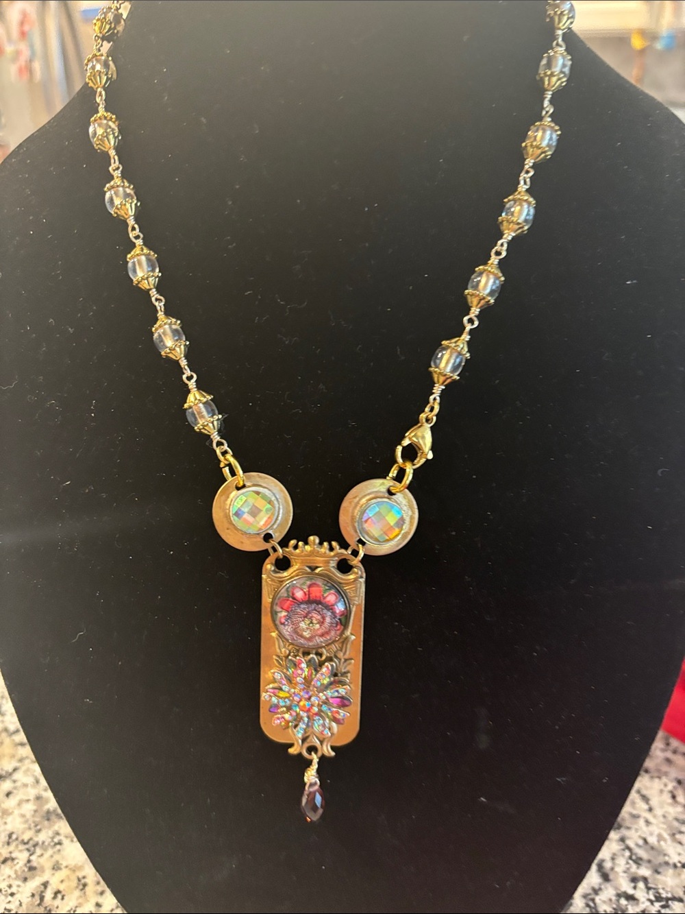 Gold-Tone Multicolored Crystal Pendant Necklace